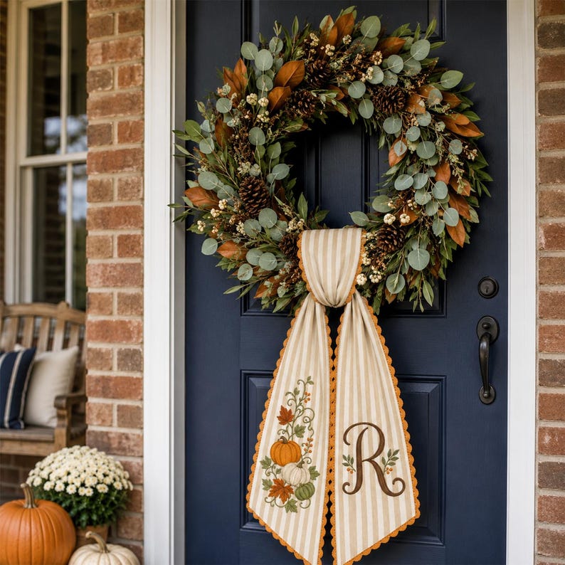 Personalized Fall Wreath Sash, Embroidered Pumpkin Monogram Wreath Bow, Custom Initial Autumn Front Door Decor