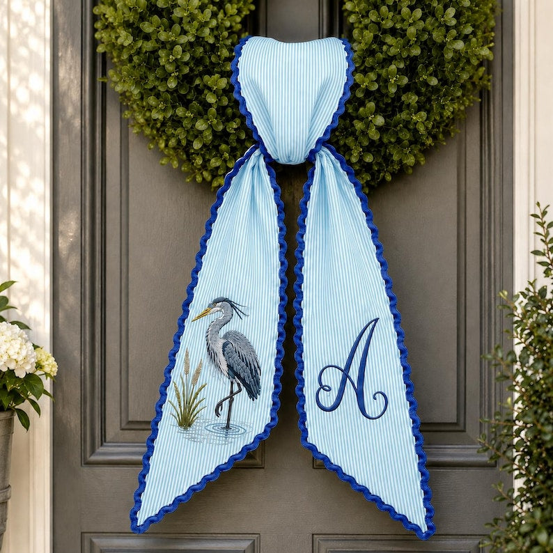 Personalized Heron Door Wreath Sash, Embroidered Green Stripe Monogram Bow, Coastal Front Porch Decor Gift