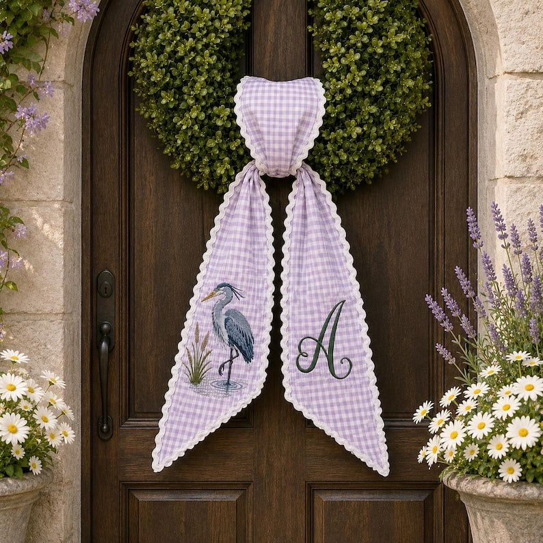 Personalized Heron Door Wreath Sash, Embroidered Green Stripe Monogram Bow, Coastal Front Porch Decor Gift