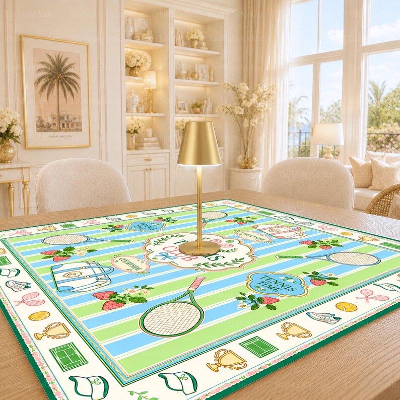 Preppy Tennis Club Mahjong Mat, Green Pink Strawberry Court Game Mat, Country Club Style