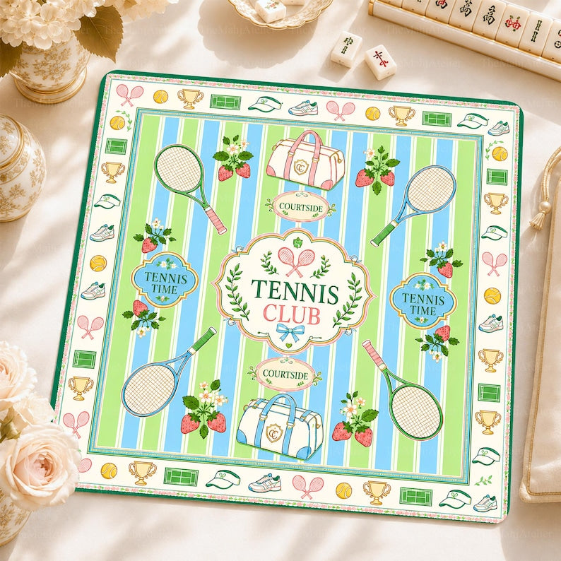 Preppy Tennis Club Mahjong Mat, Green Pink Strawberry Court Game Mat, Country Club Style