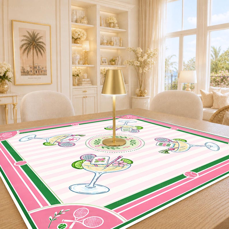 Pink Tennis Club Mahjong Mat, Preppy Cocktail Country Club Game Mat, Green Court Style