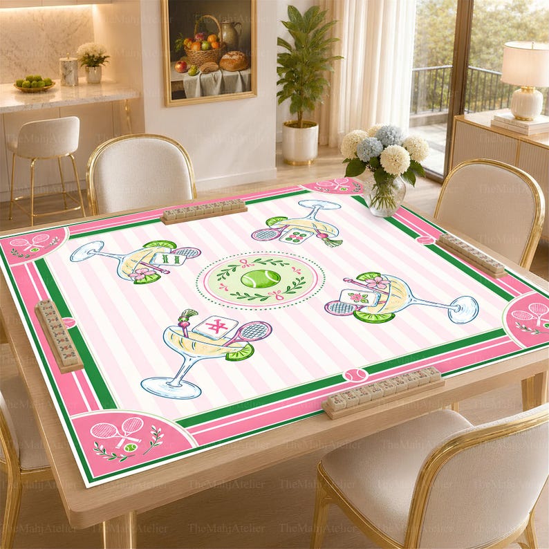 Pink Tennis Club Mahjong Mat, Preppy Cocktail Country Club Game Mat, Green Court Style