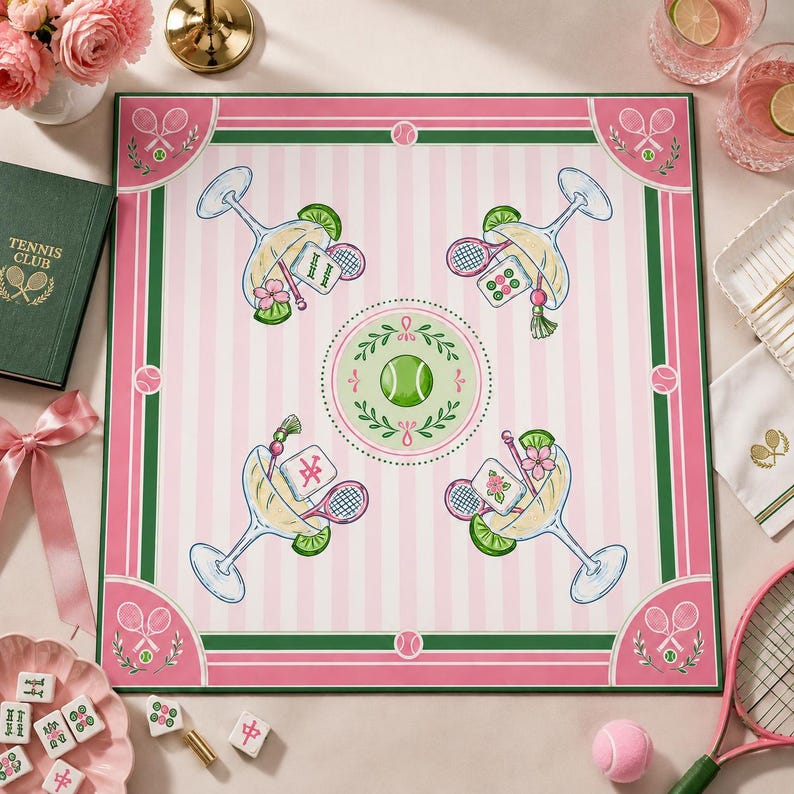 Pink Tennis Club Mahjong Mat, Preppy Cocktail Country Club Game Mat, Green Court Style