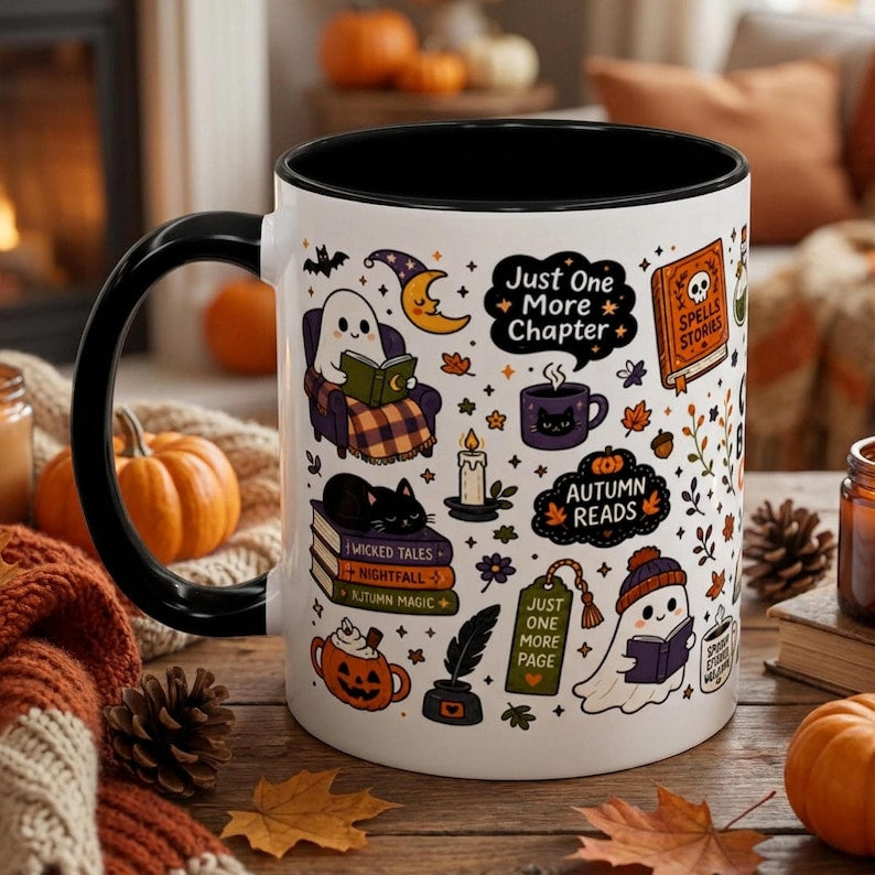 Cozy Book Club Halloween Mug, Bookish Halloween Coffee Cup, Reader Gift Mug, Just One More Chapter Mug
