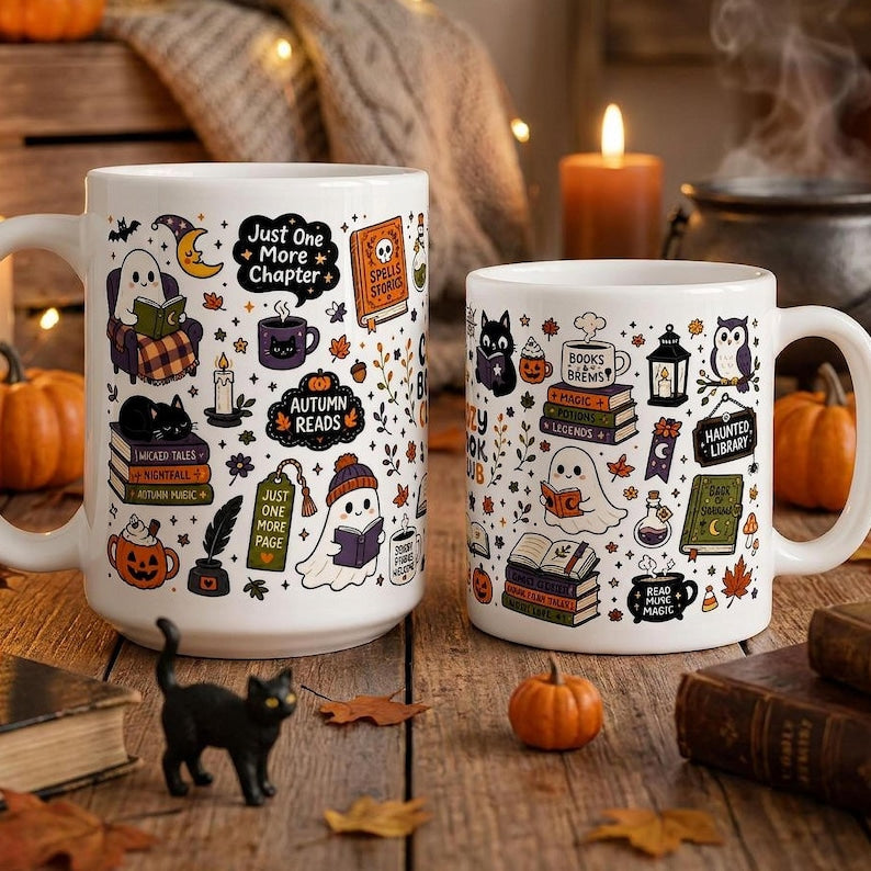 Cozy Book Club Halloween Mug, Bookish Halloween Coffee Cup, Reader Gift Mug, Just One More Chapter Mug
