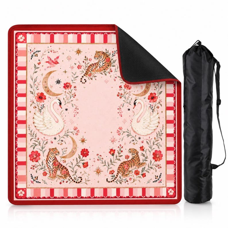 My Lucky Tiger Swan Mahjong Mat, Red Pink Celestial Moon Floral Game Night Gift, American Mahjong Table Cover