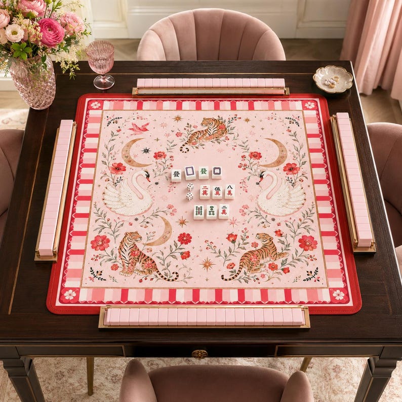 My Lucky Tiger Swan Mahjong Mat, Red Pink Celestial Moon Floral Game Night Gift, American Mahjong Table Cover