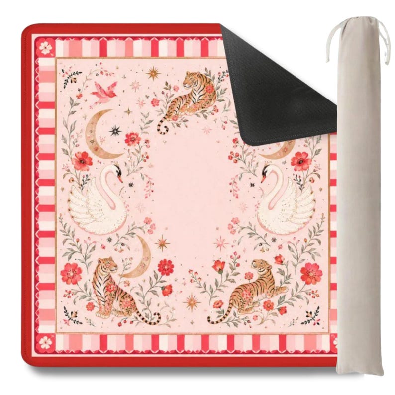 My Lucky Tiger Swan Mahjong Mat, Red Pink Celestial Moon Floral Game Night Gift, American Mahjong Table Cover