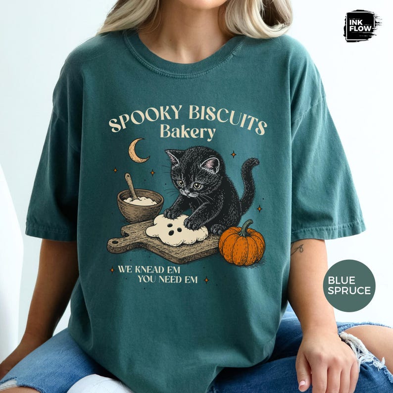 Spooky Biscuits Bakery Comfort Colors Shirt, Whimsical Black Cat Baking T-Shirt, Halloween Cat Tee
