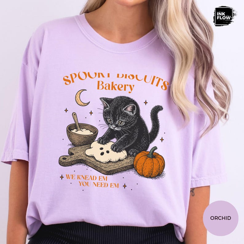 Spooky Biscuits Bakery Comfort Colors Shirt, Whimsical Black Cat Baking T-Shirt, Halloween Cat Tee
