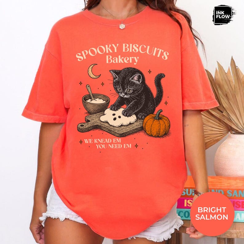 Spooky Biscuits Bakery Comfort Colors Shirt, Whimsical Black Cat Baking T-Shirt, Halloween Cat Tee