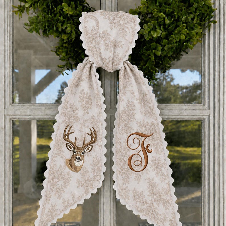 Hunting Wreath Sash with Custom Monogram, Embroidered Deer Door Bow, Personalized Lodge Front Door Decor Gift