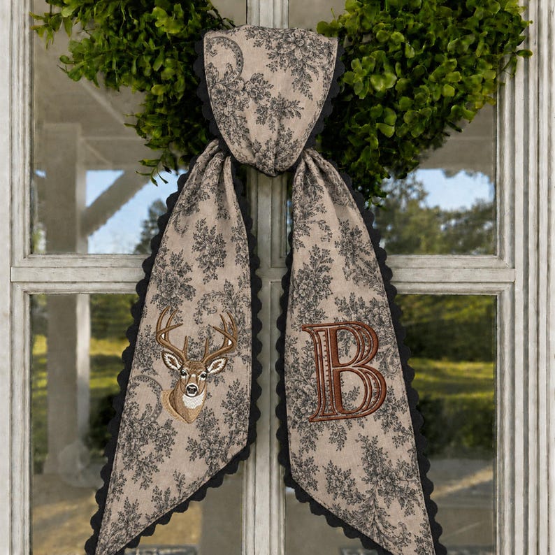Hunting Wreath Sash with Custom Monogram, Embroidered Deer Door Bow, Personalized Lodge Front Door Decor Gift