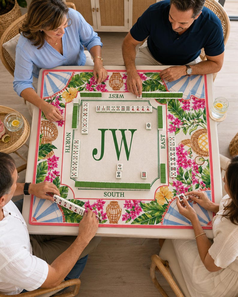 Personalized Tropical Floral Mahjong Mat, Custom Monogram Mah Jongg Table Cover, Non-Slip Game Mat