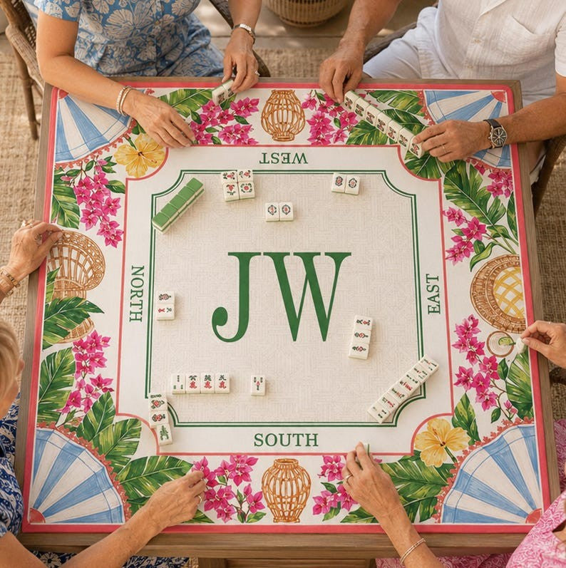 Personalized Tropical Floral Mahjong Mat, Custom Monogram Mah Jongg Table Cover, Non-Slip Game Mat