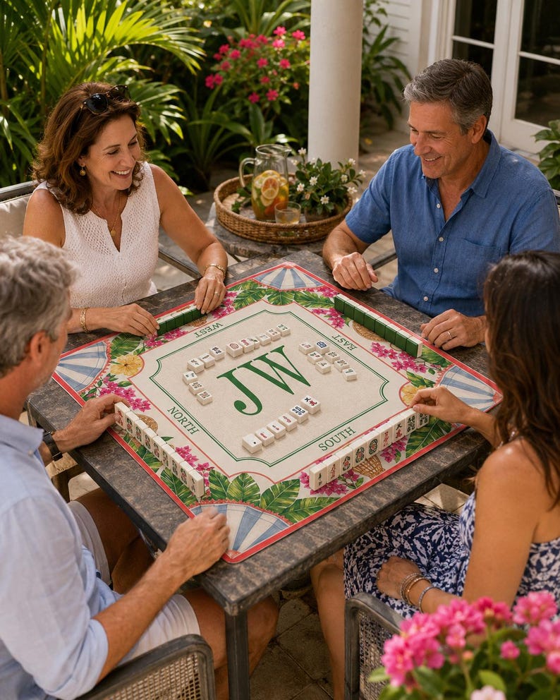 Personalized Tropical Floral Mahjong Mat, Custom Monogram Mah Jongg Table Cover, Non-Slip Game Mat