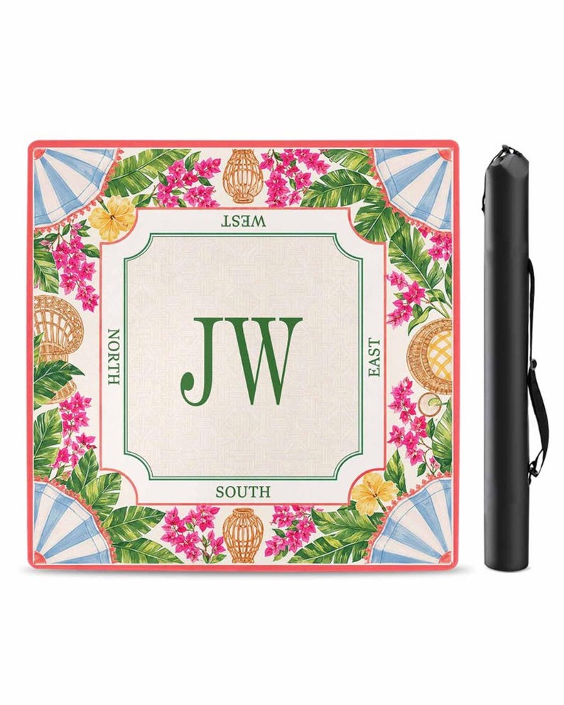 Personalized Tropical Floral Mahjong Mat, Custom Monogram Mah Jongg Table Cover, Non-Slip Game Mat