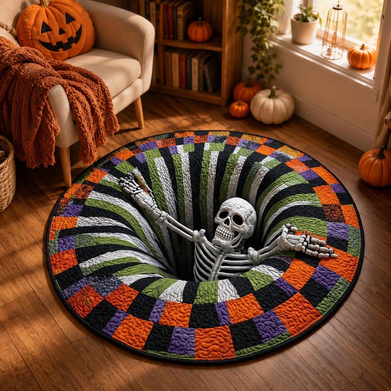 3D Skeleton Halloween Rug, Round Spooky Area Rug, Optical Illusion Floor Mat