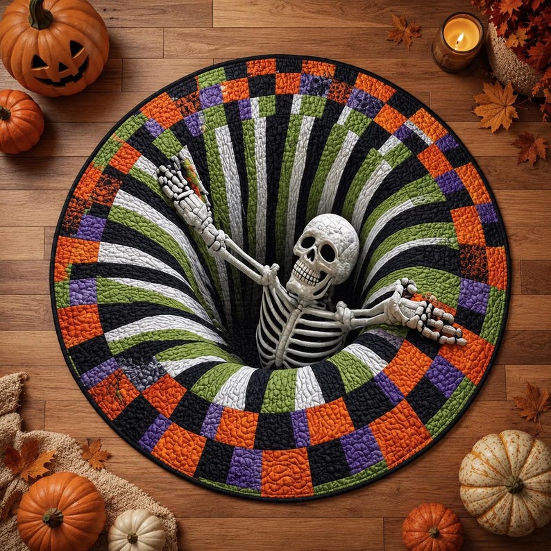 3D Skeleton Halloween Rug, Round Spooky Area Rug, Optical Illusion Floor Mat