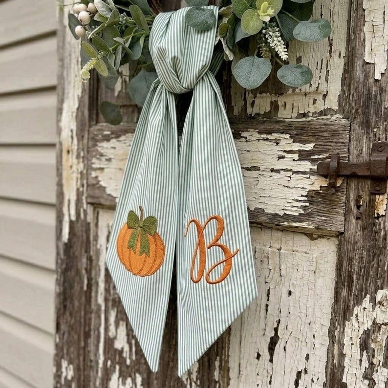 Monogram Pumpkin Wreath Sash, Embroidered Green Striped Fall Ribbon, Autumn Front Door Decor