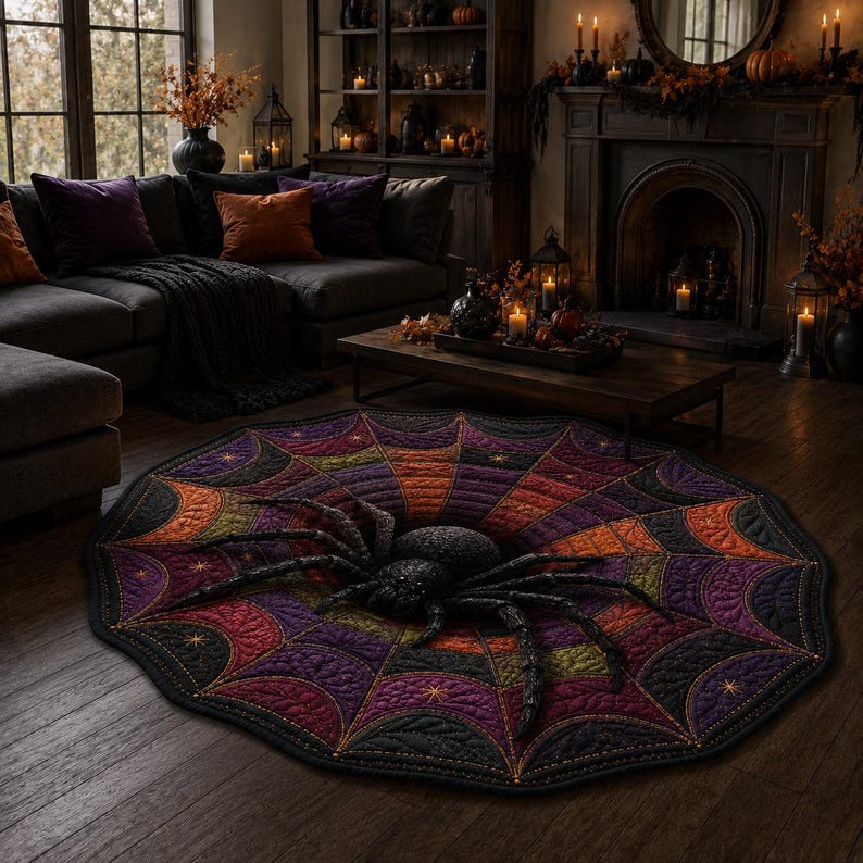3D Spider Web Halloween Rug, Round Spider Illusion Floor Mat, Gothic Haunted Decor