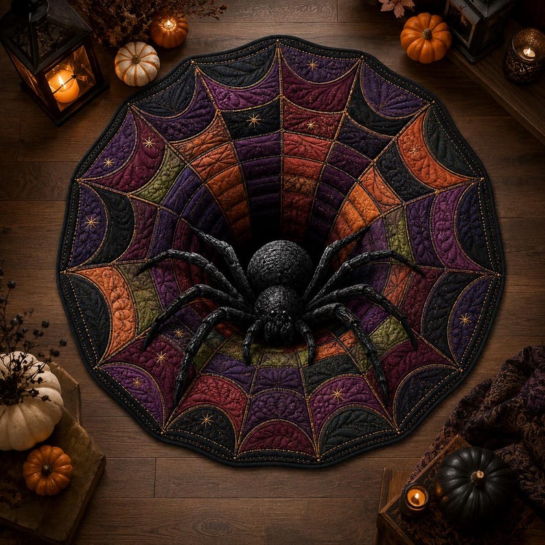 3D Spider Web Halloween Rug, Round Spider Illusion Floor Mat, Gothic Haunted Decor