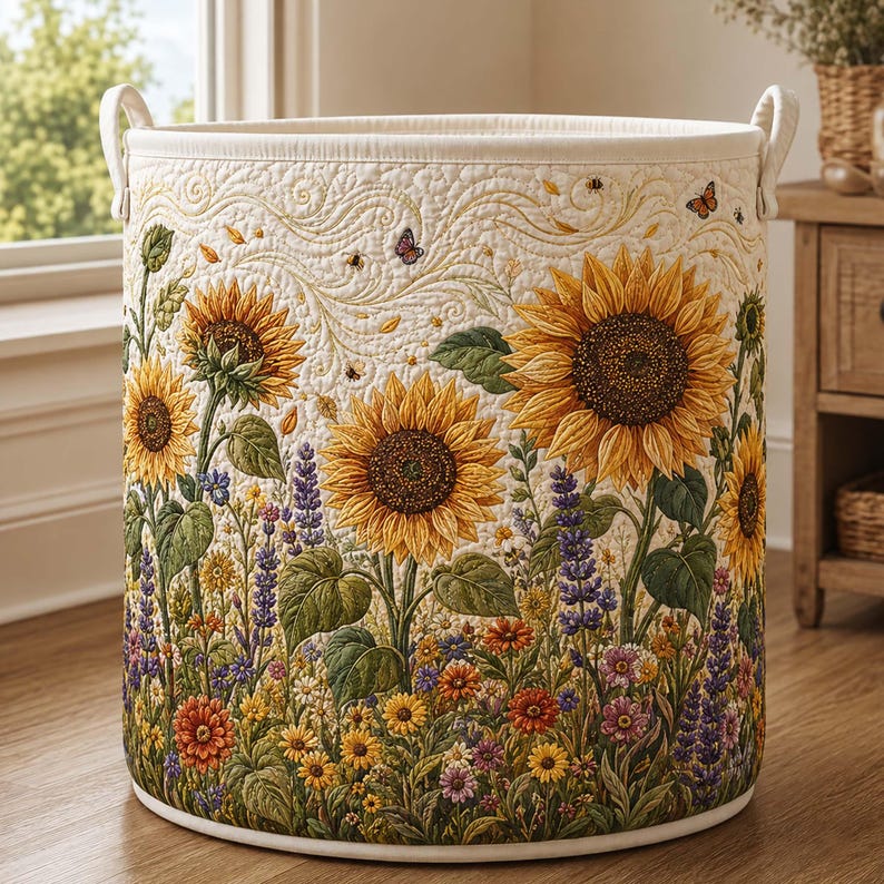 Sunflower Quilted Laundry Basket, Floral Lover Fabric Hamper, Gift For Grandma