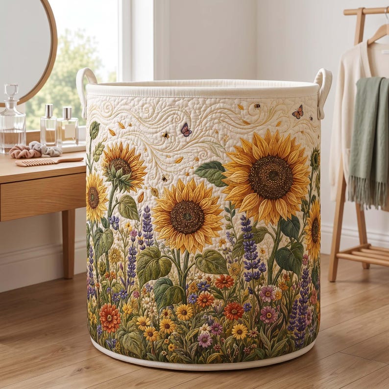 Sunflower Quilted Laundry Basket, Floral Lover Fabric Hamper, Gift For Grandma