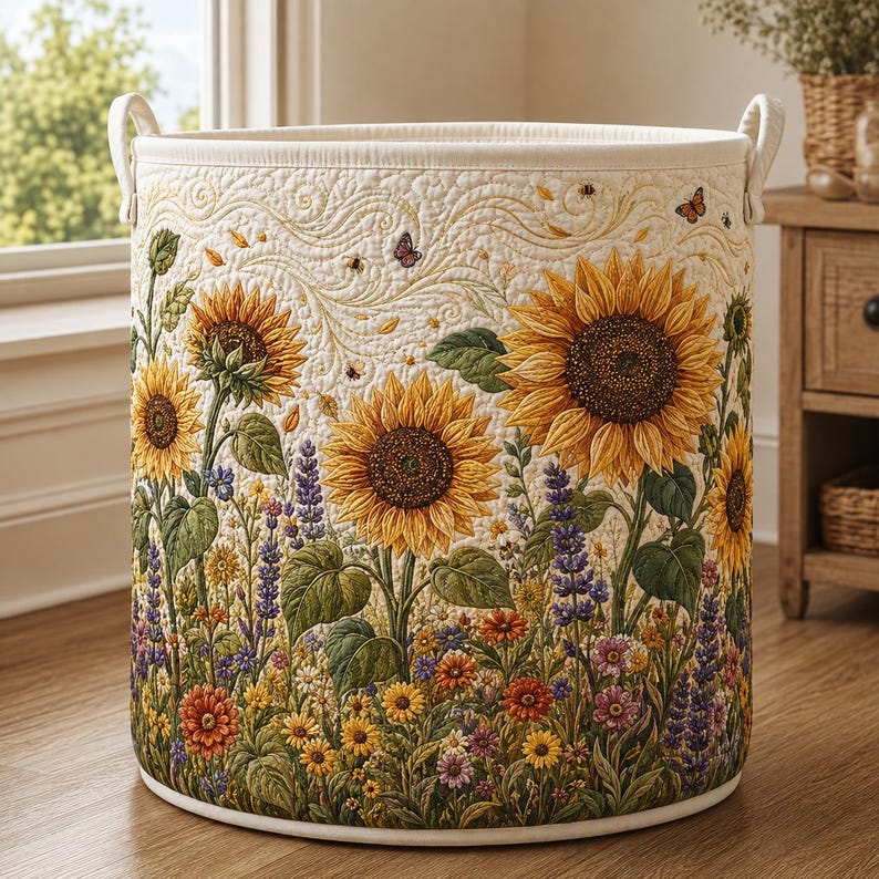 Sunflower Quilted Laundry Basket, Floral Lover Fabric Hamper, Gift For Grandma