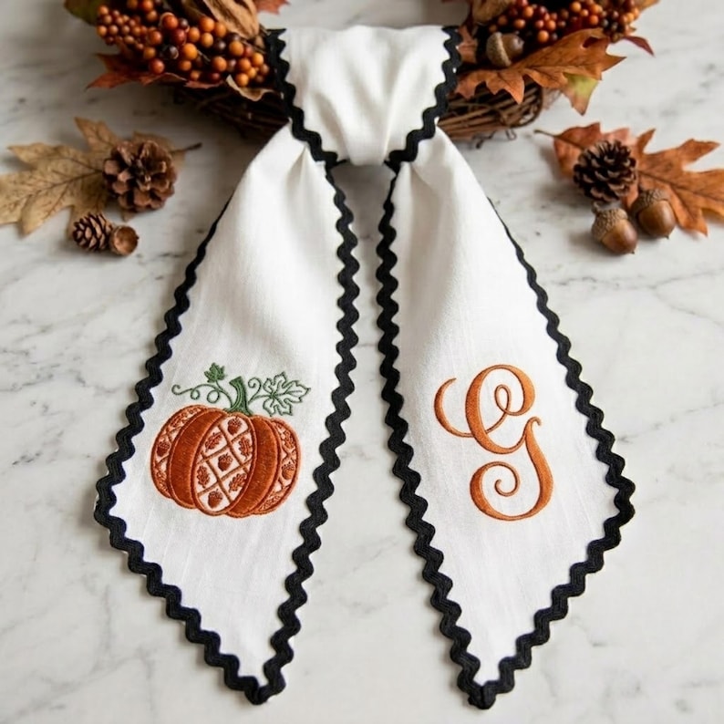 Personalized Pumpkin Wreath Sash, Embroidered Monogram Door Bow, White Fall Thanksgiving Front Door Decor