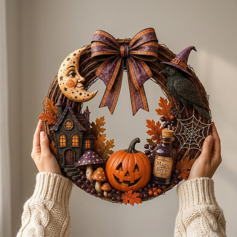 Gothic Halloween Wooden Door Hanger, Witch Raven Pumpkin Front Door Sign, Rustic Fall Wreath Decor, Haunted House Entrance