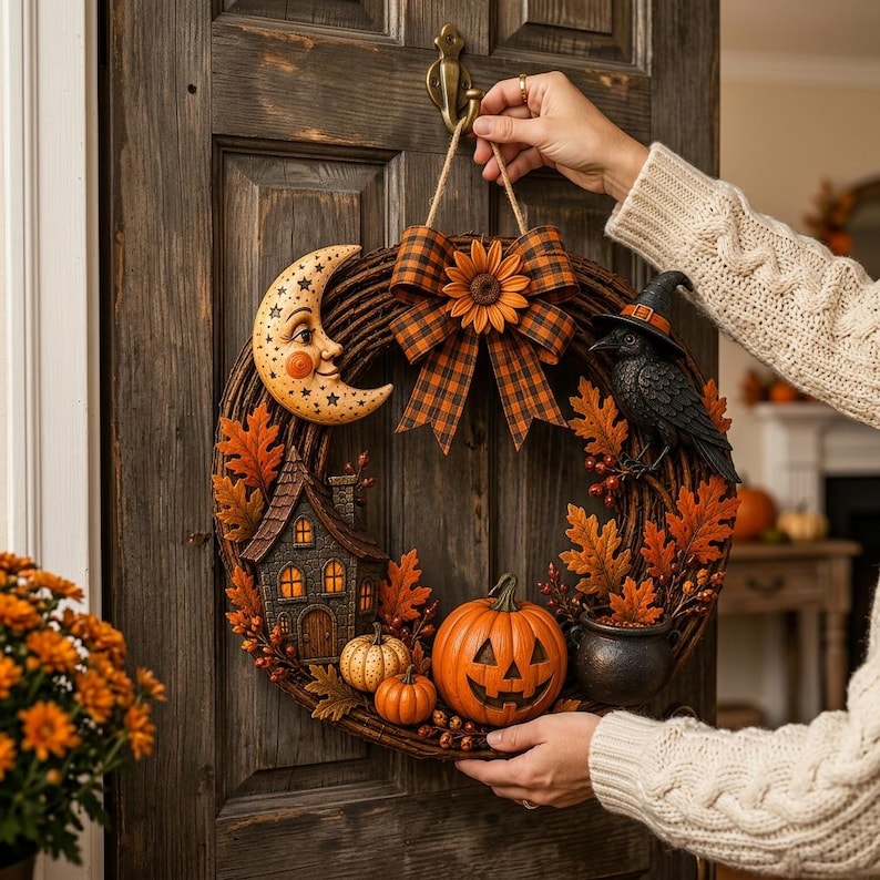 Gothic Halloween Wooden Door Hanger, Witch Raven Pumpkin Front Door Sign, Rustic Fall Wreath Decor, Haunted House Entrance