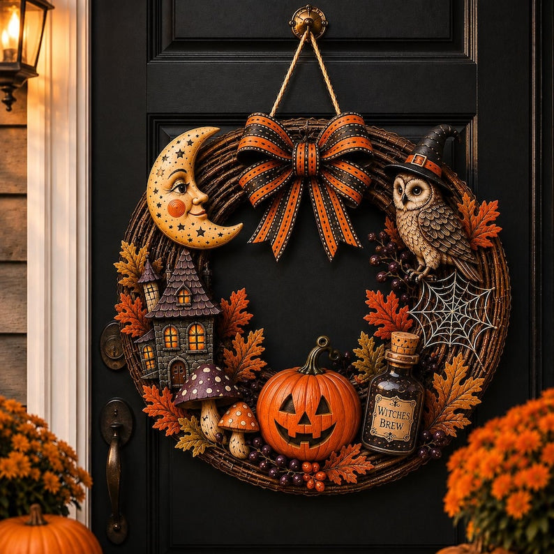 Gothic Halloween Wooden Door Hanger, Witch Raven Pumpkin Front Door Sign, Rustic Fall Wreath Decor, Haunted House Entrance