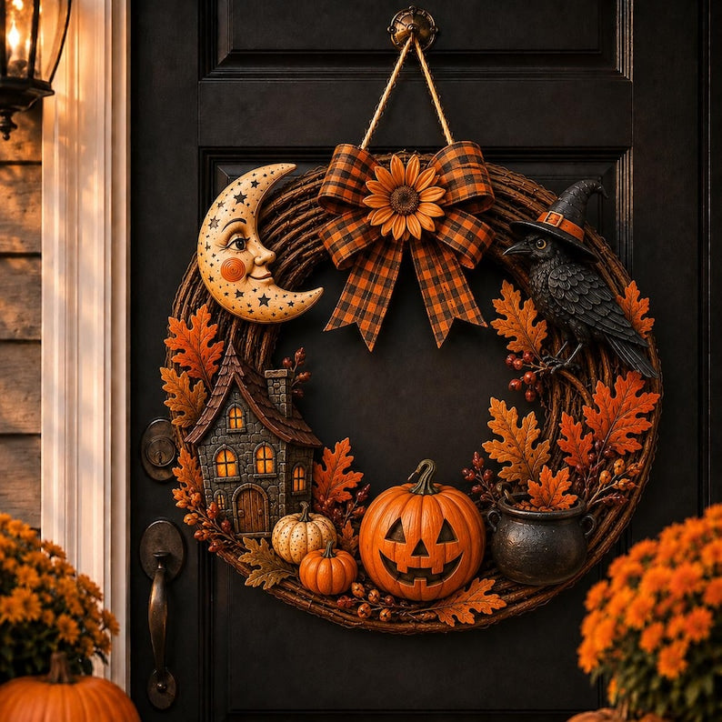 Gothic Halloween Wooden Door Hanger, Witch Raven Pumpkin Front Door Sign, Rustic Fall Wreath Decor, Haunted House Entrance