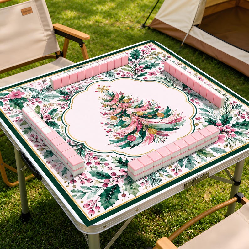 Elegant Christmas Holiday Mahjong Mat, Pink Green Christmas Tree Design, Festive Tablecloth, Seasonal Game Night Decor