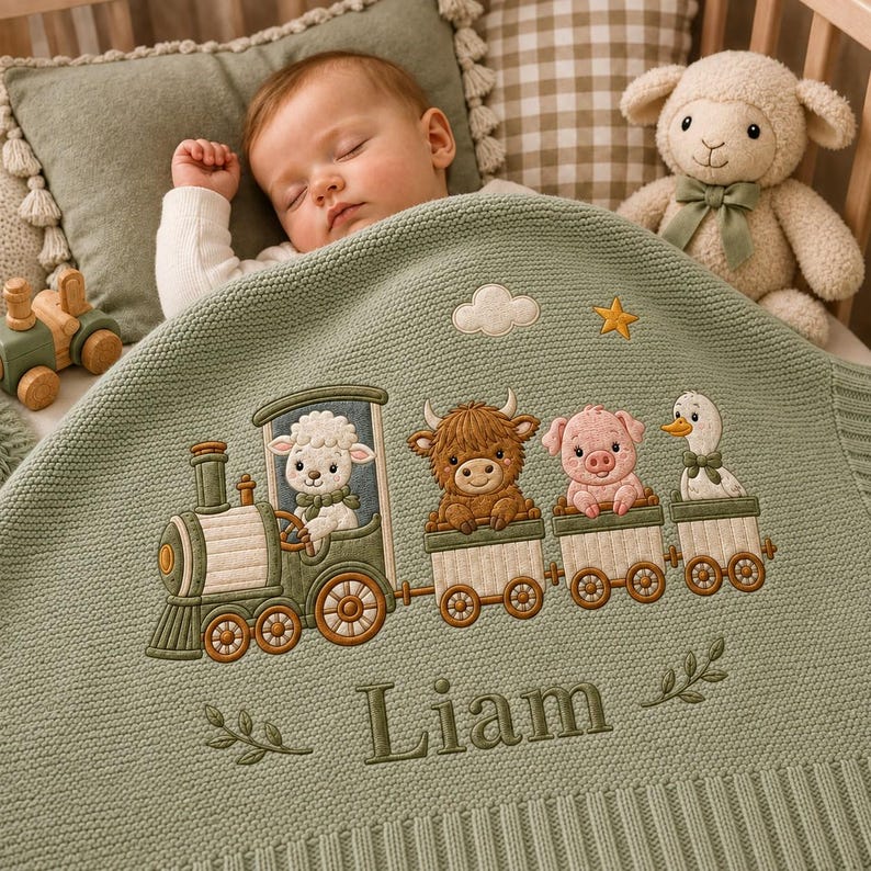 Personalized Knit Farm Train Baby Blanket Name, Custom Embroidered Farmyard Express Baby Shower Gift