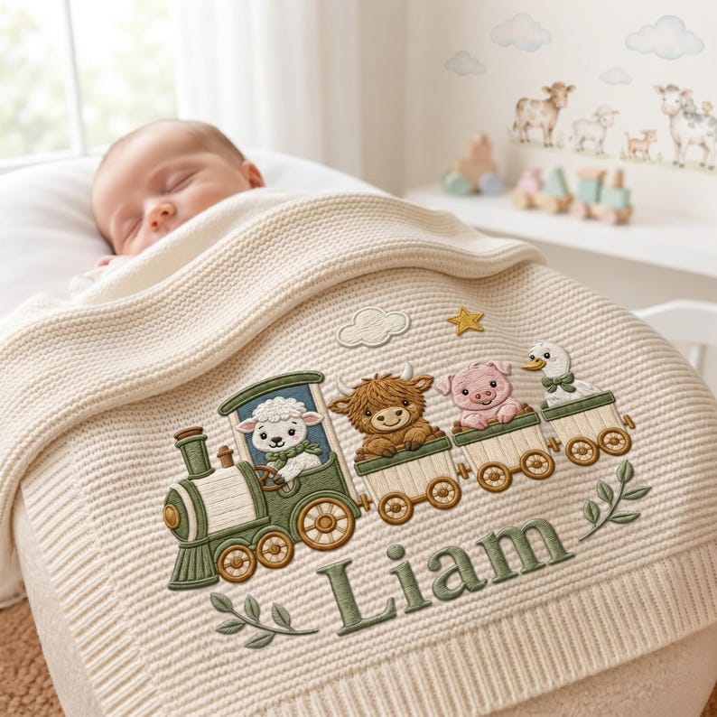 Personalized Knit Farm Train Baby Blanket Name, Custom Embroidered Farmyard Express Baby Shower Gift