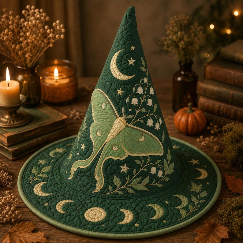 Luna Moth Quilted Witch Hat, Celestial Moon Phase Halloween Decor
