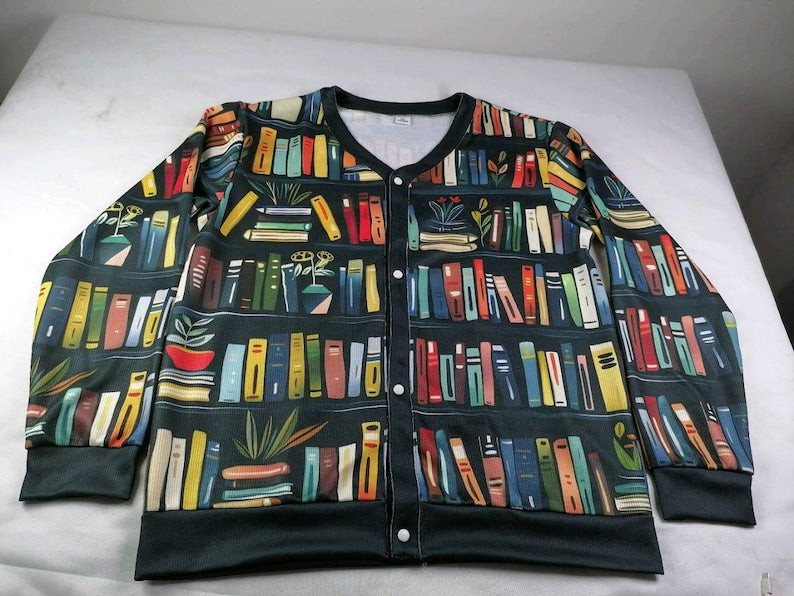 Book Lover Cardigan Sweater, Library Bookshelf Cardigan, Librarian Gift, Reader Cardigan, Bookworm V Neck Button Knit Sweater