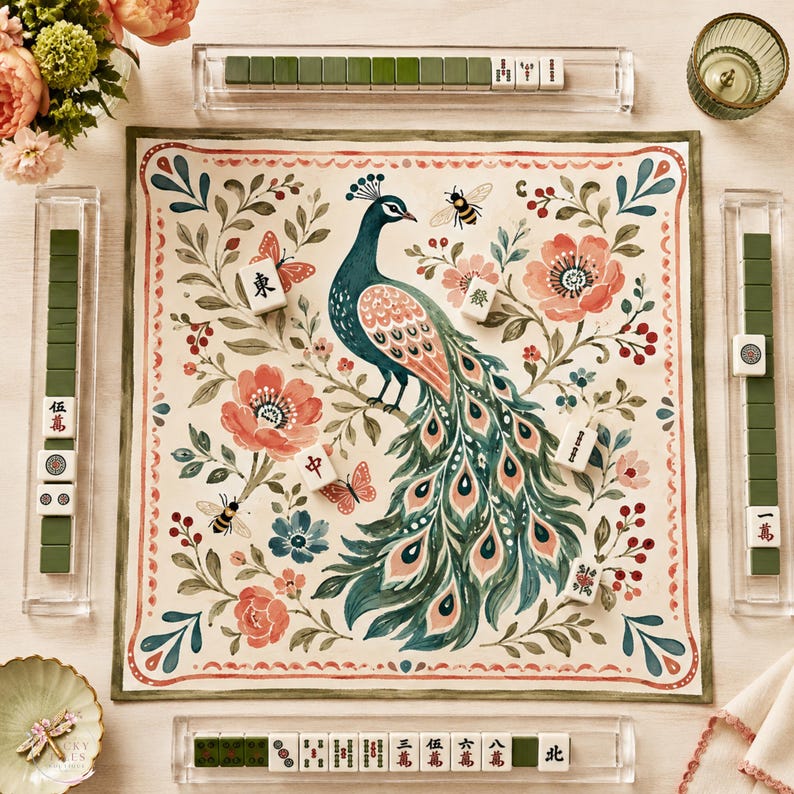 Peacock Floral Garden Mahjong Mat, American Mahjong Mat, Floral Folk Art Mat, Cottagecore Botanical Gift