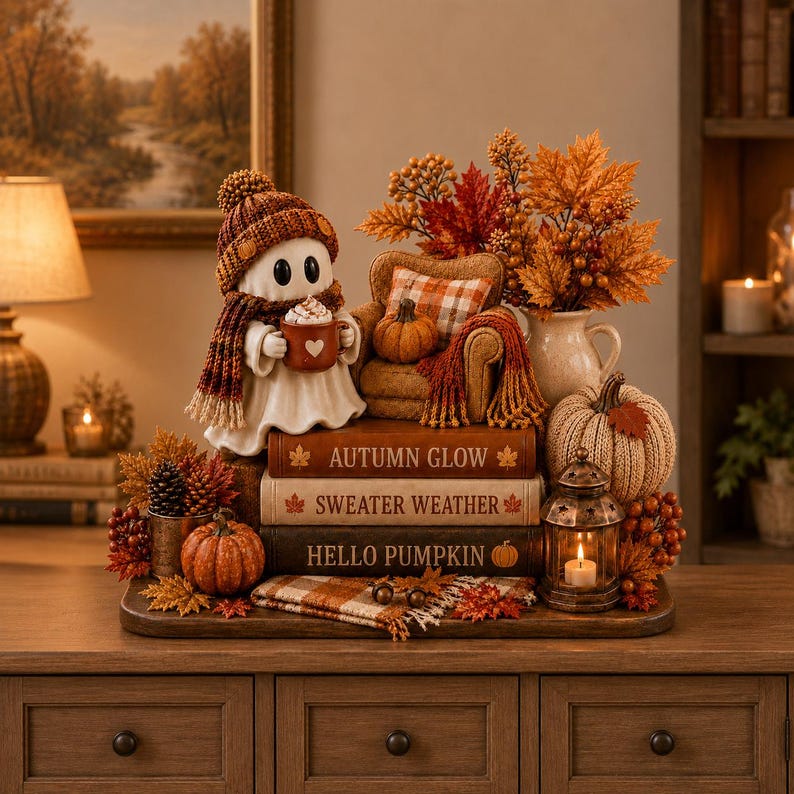 Reading Ghost Pumpkin 2D Wooden Block, Fall Bookshelf Decor, Cozy Autumn Library Display, Halloween Reading Nook Gift