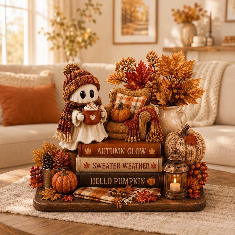 Reading Ghost Pumpkin 2D Wooden Block, Fall Bookshelf Decor, Cozy Autumn Library Display, Halloween Reading Nook Gift