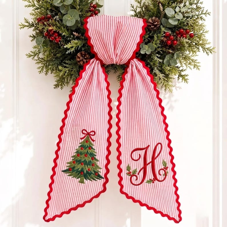 Custom Embroidery Christmas Tree Name Wreath Sash, Personalize Monogram Bow Christmas Decor