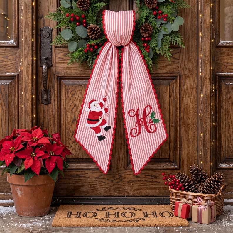 Custom Embroidery Christmas Santa Name Wreath Sash, Personalized Santa Monogram Bow Christmas Decor