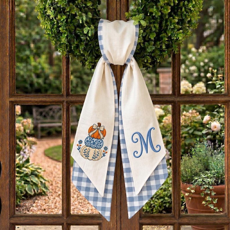 Personalized Fall Wreath Sash, Blue Gingham Pumpkin Wreath Bow, Custom Monogram Door Hanger, Embroidered Front Door Decor