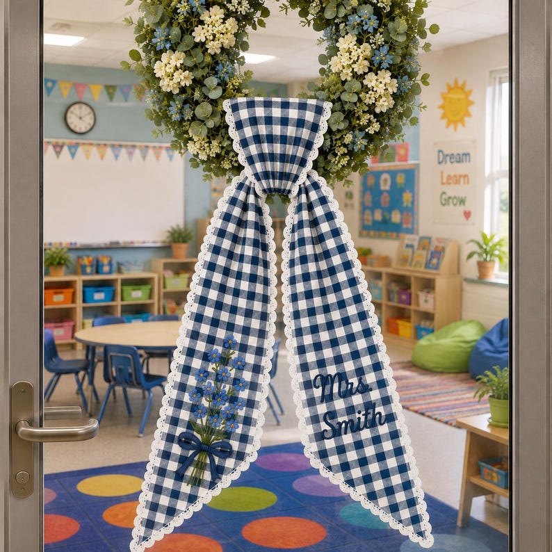 Personalized Blue Gingham Teacher Door Wreath Bow with Forget Me Not Flowers, Custom Mrs. Name Embroidered