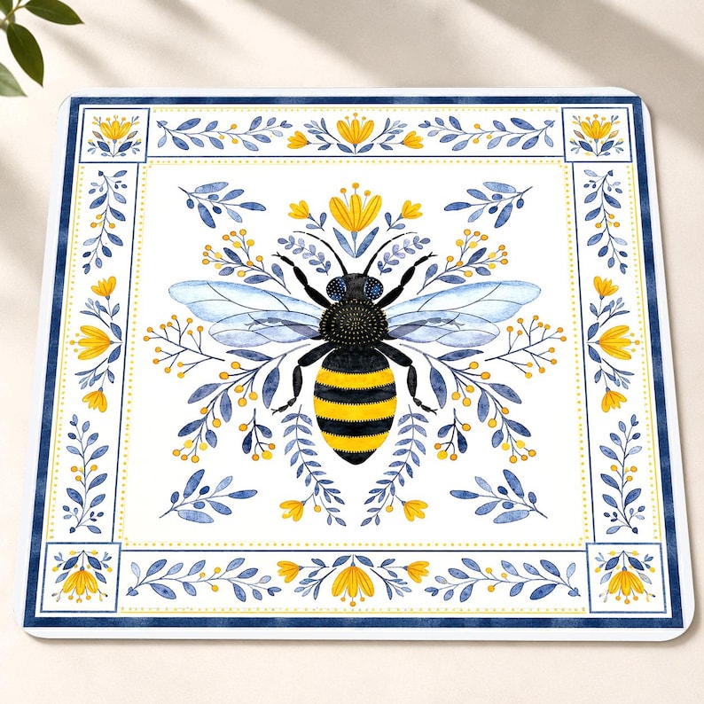 Honey Bee Mahjong Mat, Botanical Floral Mahjong Table Decor, Blue Yellow Garden Game Mat, Bee Lover Mahjong Gift