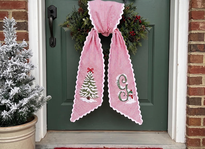 Custom Embroidery Christmas Snowy Tree Name Wreath Sash, Personalized Monogram Bow Christmas Decor, Stripe Ribbon Bow