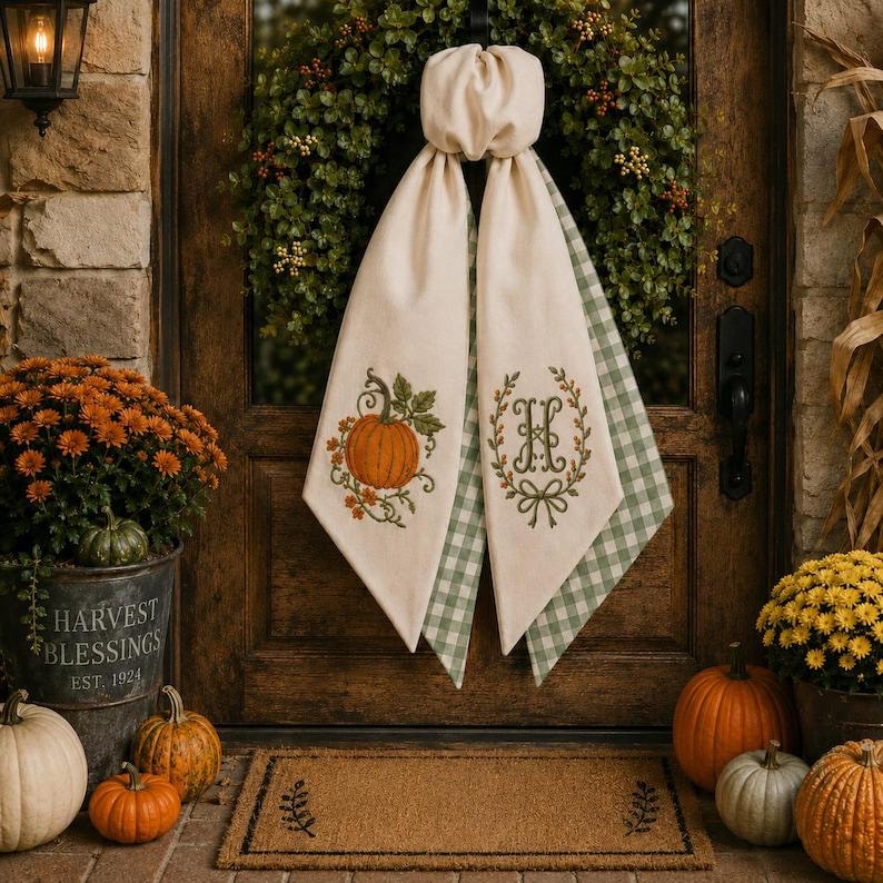 Thanksgiving Wreath Sash, Personalized Seasonal Pumpkin Monogram Door Sash, Autumn Door Decor